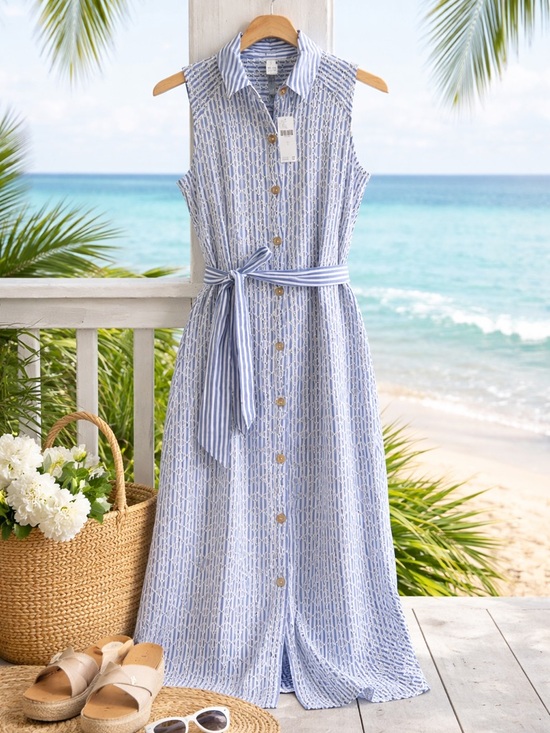 Anthropologie Dresses & Skirts - NWT Anthropologie Blue White Striped Eyelet Midi Shirt Dress 8 Coastal Pockets